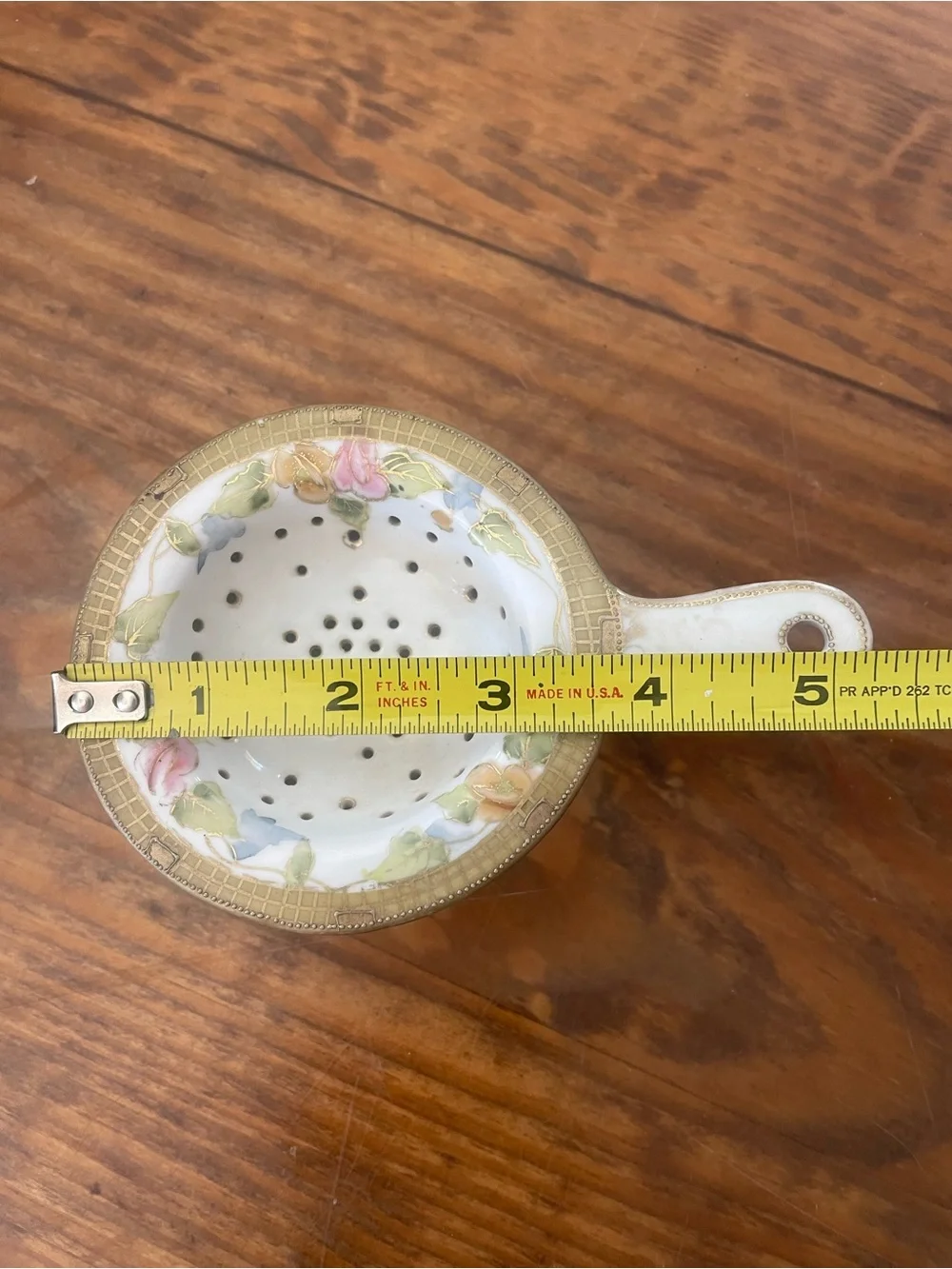 Vintage Handpainted Porcelain Tea Strainer & drip bowl with Floral accents RARE